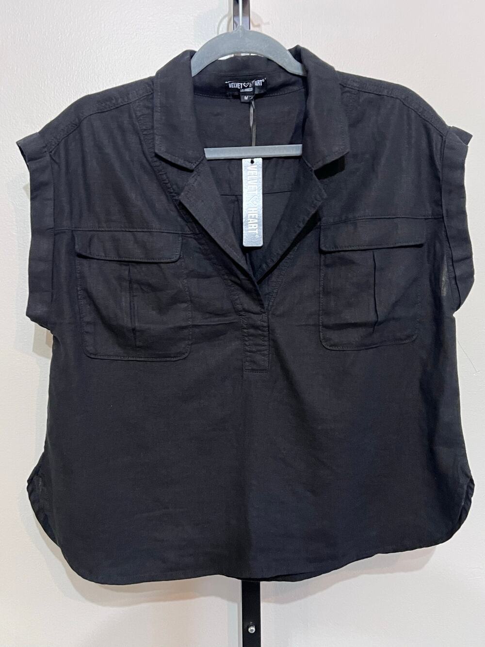 Velvet Heart Black 100% Linen Utility Popover Top Ruffle Sleeve Medium